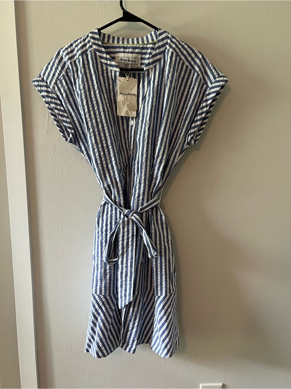 Tommy Bahama Blue and White Striped Midi Dress with Tie Waist